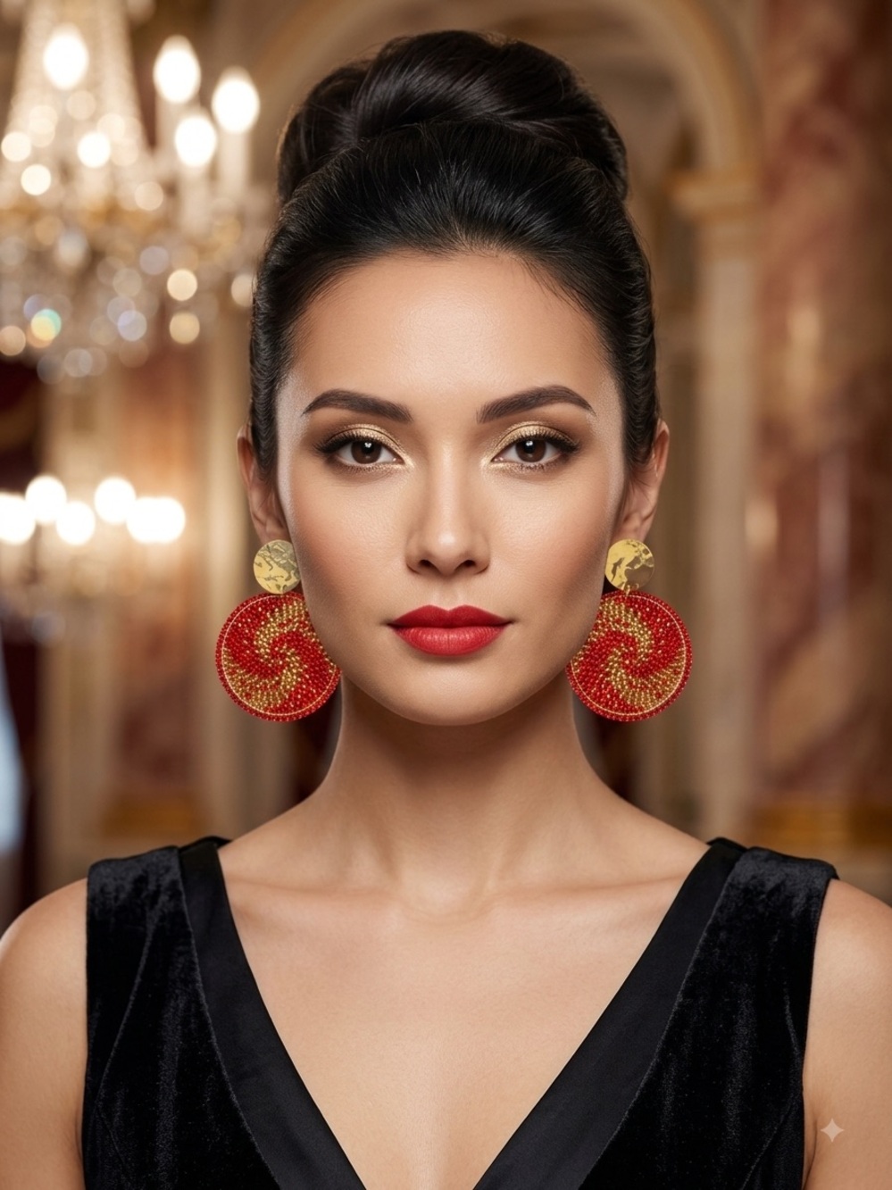 Red Spiral Beaded Drop Earrings with Gold Discs
